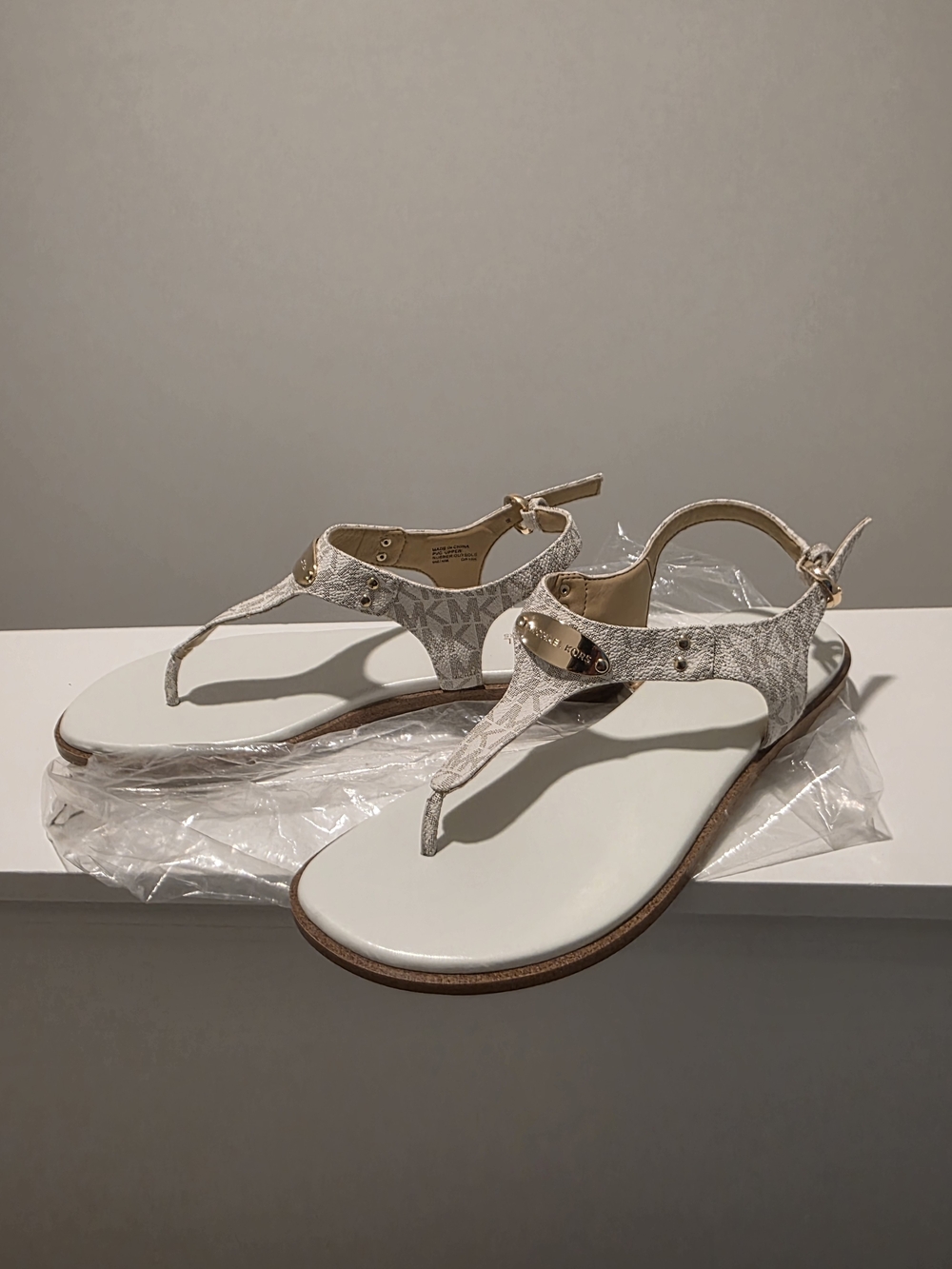 Michael Kors White T-strap Logo Sandals